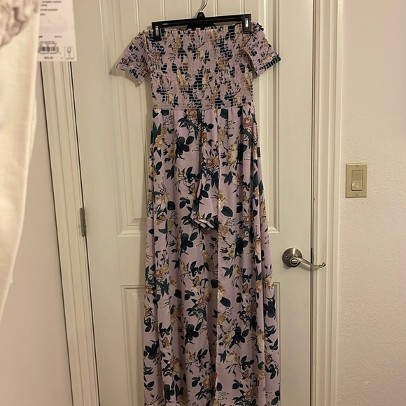 Lavender Floral Off Shoulder Smocked Maxi Dress High Slit - Picture 4 of 14